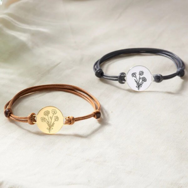 European And American Hot-selling Titanium Steel December Natural Flower Laser Engraving Bracelet Braided Rope Adjustable Size Custom Bracelet - Image 3
