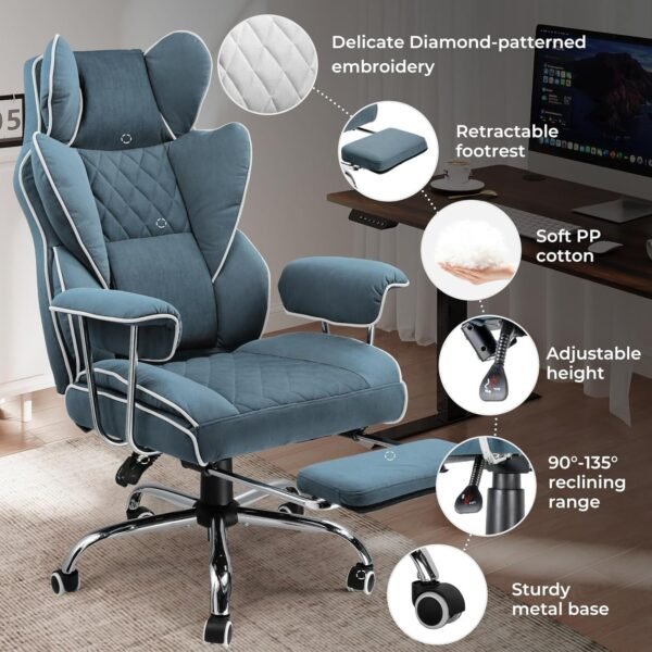 Big and Tall Gaming Chair with Pocket Spring Lumbar Support, Ergonomic Office Chair with Footrest, Executive Desk Chair with Outward Fixed Soft Armrests, Computer Chair with High Back, Blue - Image 5