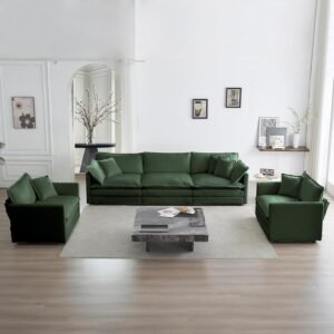 Luxury 3 Piece Sofa Set, 2 Pieces of Single Sofa and 1 Piece of 3 Seater Sofa, Modern Chenille Comfy Cloud Couches Set with 7 Pillows for Living Room Office, Evergreen