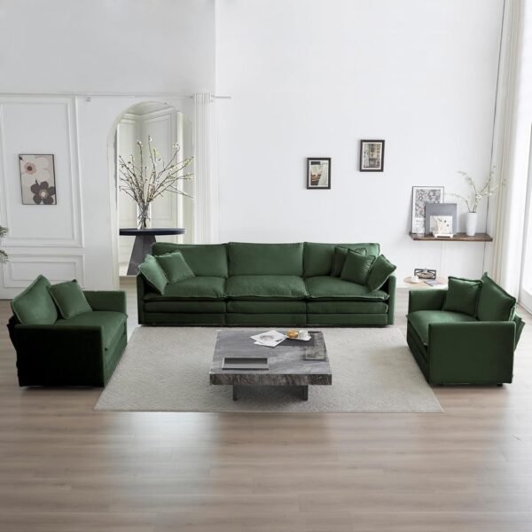 Luxury 3 Piece Sofa Set, 2 Pieces of Single Sofa and 1 Piece of 3 Seater Sofa, Modern Chenille Comfy Cloud Couches Set with 7 Pillows for Living Room Office, Evergreen
