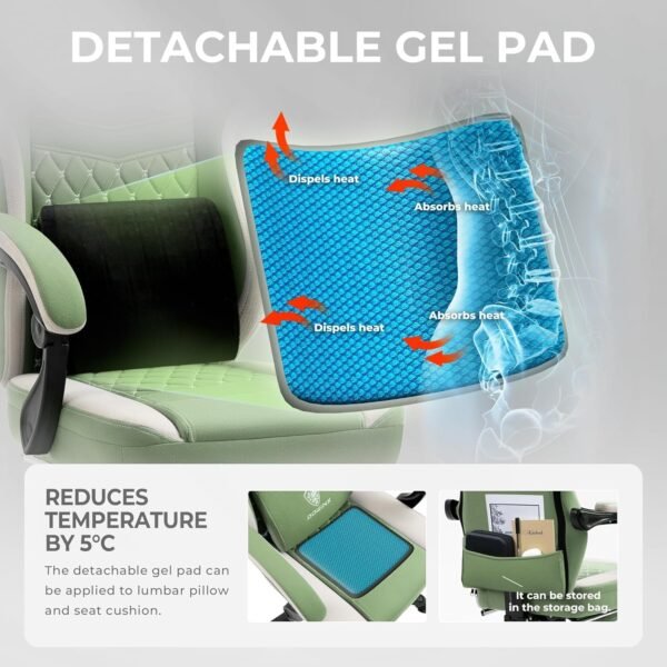 Gaming Chair Breathable Fabric Computer Chair with Pocket Spring Cushion, Comfortable Office Chair with Gel Pad and Storage Bag,Massage Game Chair with Footrest,Green - Image 5