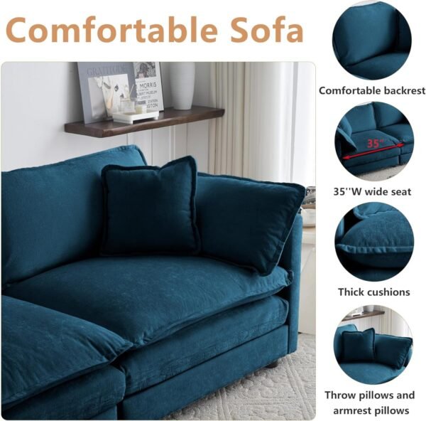 Luxury 3 Piece Sofa Set, 2 Pieces of Single Sofa and 1 Piece of 3 Seater Sofa, Modern Chenille Comfy Cloud Couches Set with 7 Pillows for Living Room Office, Blue - Image 3