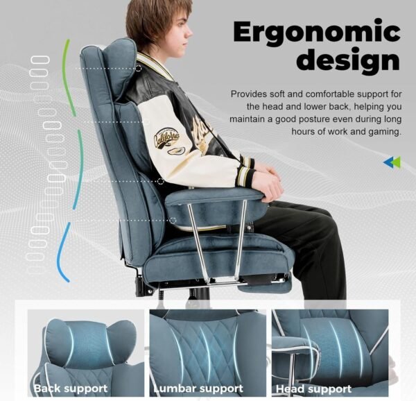Big and Tall Gaming Chair with Pocket Spring Lumbar Support, Ergonomic Office Chair with Footrest, Executive Desk Chair with Outward Fixed Soft Armrests, Computer Chair with High Back, Blue - Image 3