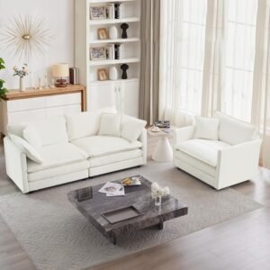 Luxury 2 Piece Loveseat Couch & Sofa Armchair Set, Modern Upholstered Chenille Cloud Couches Set Furniture with 5 Pillow for Living Room Bedroom Office Apartment, Beige