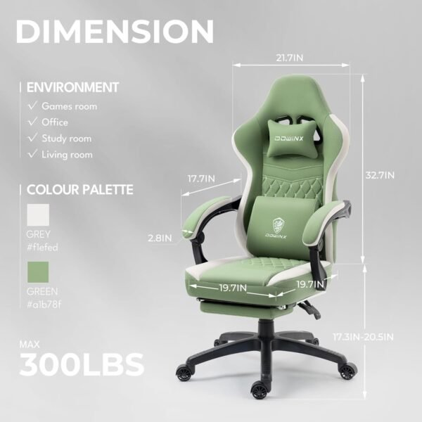 Gaming Chair Breathable Fabric Computer Chair with Pocket Spring Cushion, Comfortable Office Chair with Gel Pad and Storage Bag,Massage Game Chair with Footrest,Green - Image 3