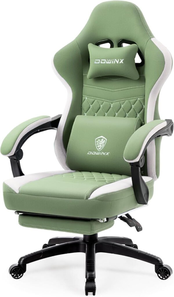 Gaming Chair Breathable Fabric Computer Chair with Pocket Spring Cushion, Comfortable Office Chair with Gel Pad and Storage Bag,Massage Game Chair with Footrest,Green