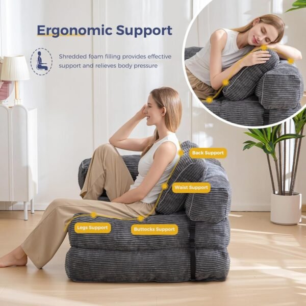 Folding Sofa Bed, L-Shaped Convertible Sofa Bed with Armrest Foldable Sleeper Sofa with Pillow, Portable Fold Out Chair Bed Comfy Floor Sofa Lounge for Living Room Bedroom, Dark Grey - Image 3