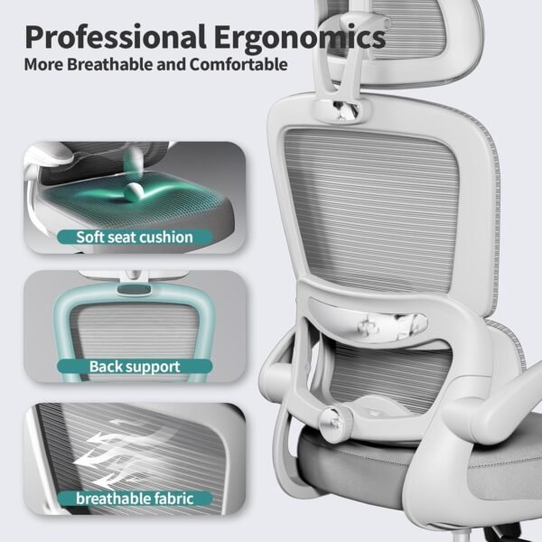 Office Chair Ergonomic Desk Chair, 330 LBS Home Mesh Office Desk Chairs with Wheels, Comfortable Gaming Chair, High Back Office Chair for Long Hours, Office Chair for Study and Work (Grey) - Image 2