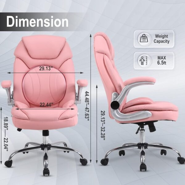 Ergonomic Executive Office Chairs with Adjustable Lumbar Support, 90-120° Rocking Managerial Chair Swivel Desk Chairs with Padded Flip-Up Armrests (Pink), Medium(300Lbs) - Image 2