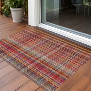 2' X 3' Red Orange and Brown Plaid Washable Non Skid Indoor Outdoor Area Rug