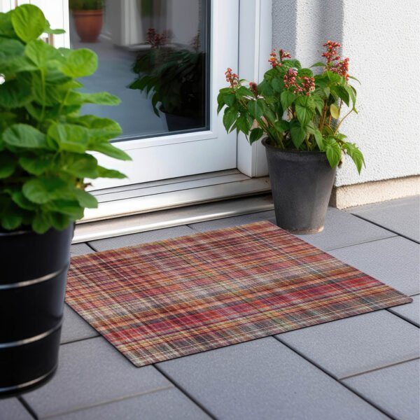 2' X 3' Red Orange and Brown Plaid Washable Non Skid Indoor Outdoor Area Rug - Image 8