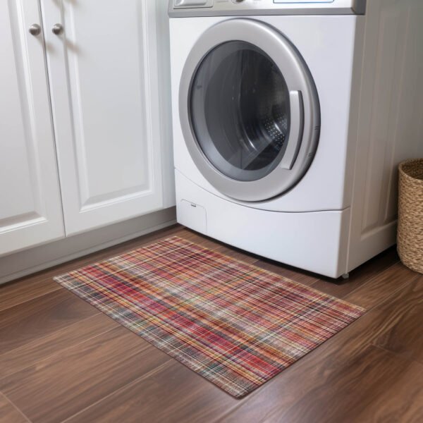2' X 3' Red Orange and Brown Plaid Washable Non Skid Indoor Outdoor Area Rug - Image 9
