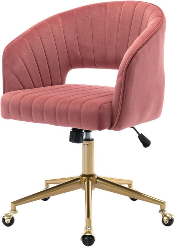 Velvet Office Desk Chair, Upholstered Home Office Desk Chairs with Adjustable Swivel Wheels, Ergonomic Office Chair for Living Room, Bedroom, Office, Vanity Study (Rose)
