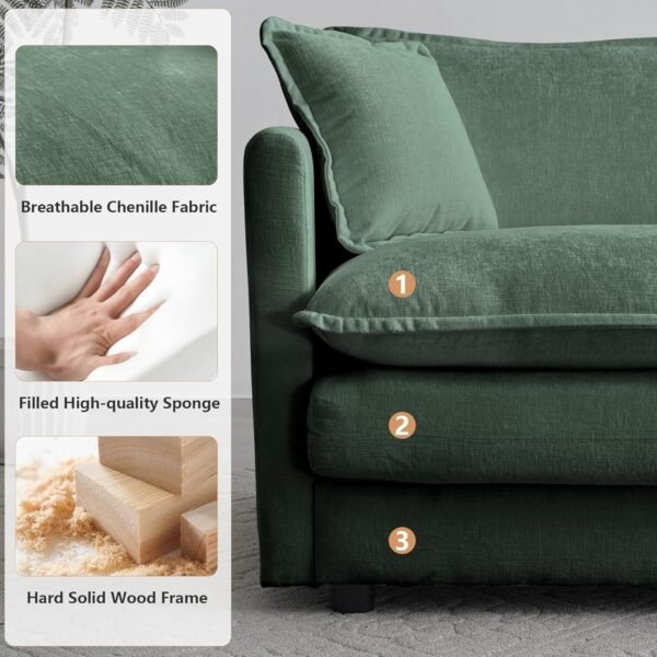 Luxury 3 Piece Sofa Set, 2 Pieces of Single Sofa and 1 Piece of 3 Seater Sofa, Modern Chenille Comfy Cloud Couches Set with 7 Pillows for Living Room Office, Evergreen - Image 4