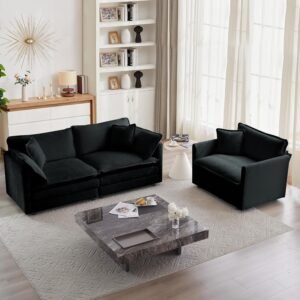 Luxury 2 Piece Loveseat Couch & Sofa Armchair Set, Modern Upholstered Chenille Cloud Couches Set Furniture with 5 Pillow for Living Room Bedroom Office Apartment, Black
