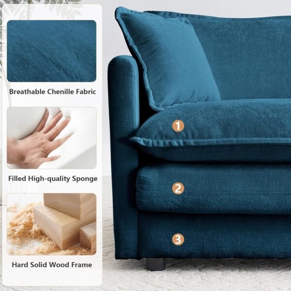 Luxury 3 Piece Sofa Set, 2 Pieces of Single Sofa and 1 Piece of 3 Seater Sofa, Modern Chenille Comfy Cloud Couches Set with 7 Pillows for Living Room Office, Blue - Image 4