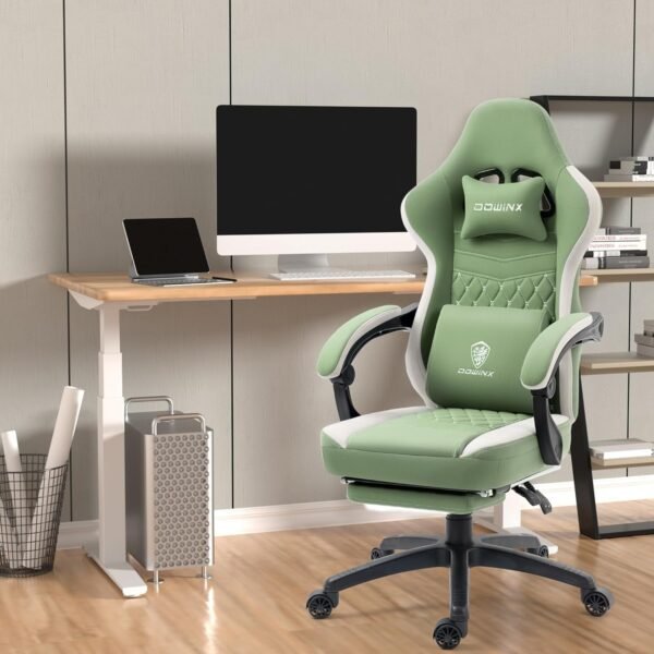Gaming Chair Breathable Fabric Computer Chair with Pocket Spring Cushion, Comfortable Office Chair with Gel Pad and Storage Bag,Massage Game Chair with Footrest,Green - Image 2