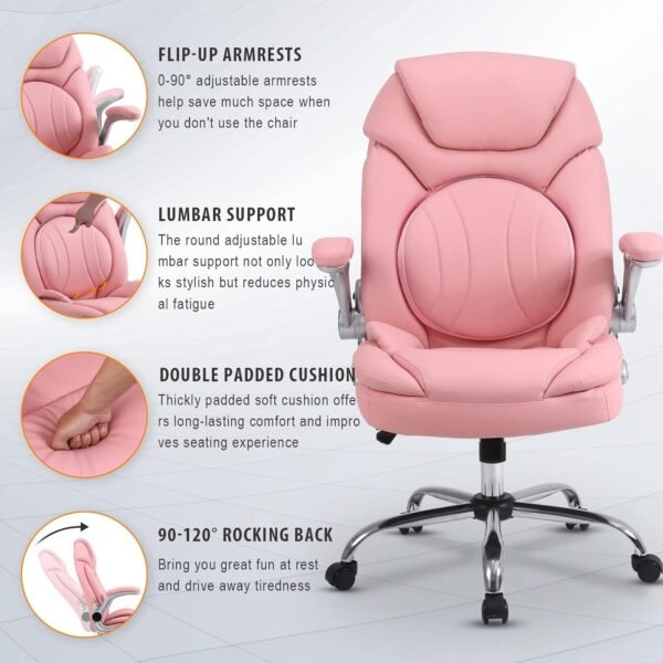 Ergonomic Executive Office Chairs with Adjustable Lumbar Support, 90-120° Rocking Managerial Chair Swivel Desk Chairs with Padded Flip-Up Armrests (Pink), Medium(300Lbs) - Image 4