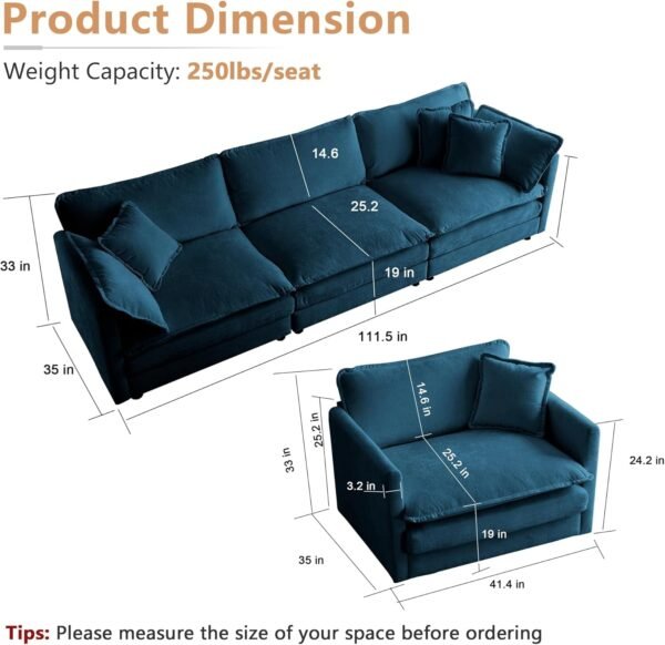 Luxury 3 Piece Sofa Set, 2 Pieces of Single Sofa and 1 Piece of 3 Seater Sofa, Modern Chenille Comfy Cloud Couches Set with 7 Pillows for Living Room Office, Blue - Image 2