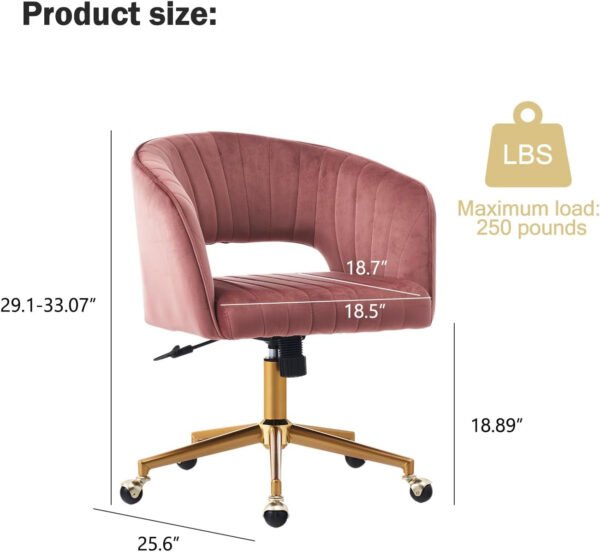 Velvet Office Desk Chair, Upholstered Home Office Desk Chairs with Adjustable Swivel Wheels, Ergonomic Office Chair for Living Room, Bedroom, Office, Vanity Study (Rose) - Image 3
