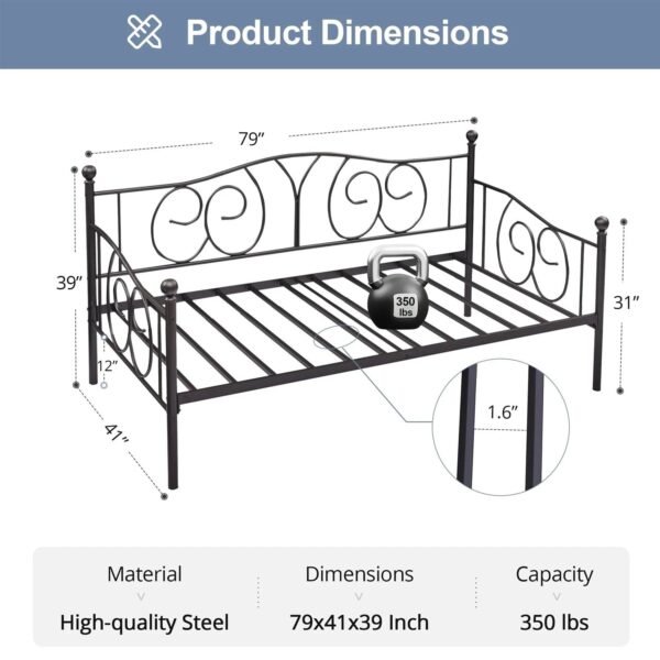 Twin size Victorian Black Metal Daybed Frame - 350 lbs. Weight Capacity - Image 5
