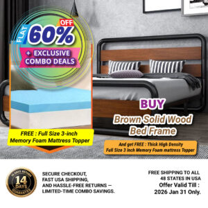 Brown-Solid-Wood-Bed-Frame3-INCH-MEMORY-FOAM-MATTRESS