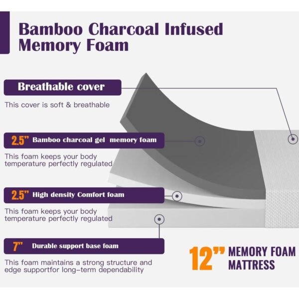 Twin size 12-inch Charcoal Infused Memory Foam Mattress with Removable Cover - Image 3