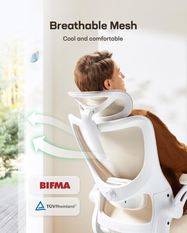 Ergonomic Office Chair: Office Computer Desk Chair with High Back Mesh and Adjustable Lumbar Support Rolling Work Swivel Task Chairs with Wheel 3D Armrests and Headrest (White) - Image 5