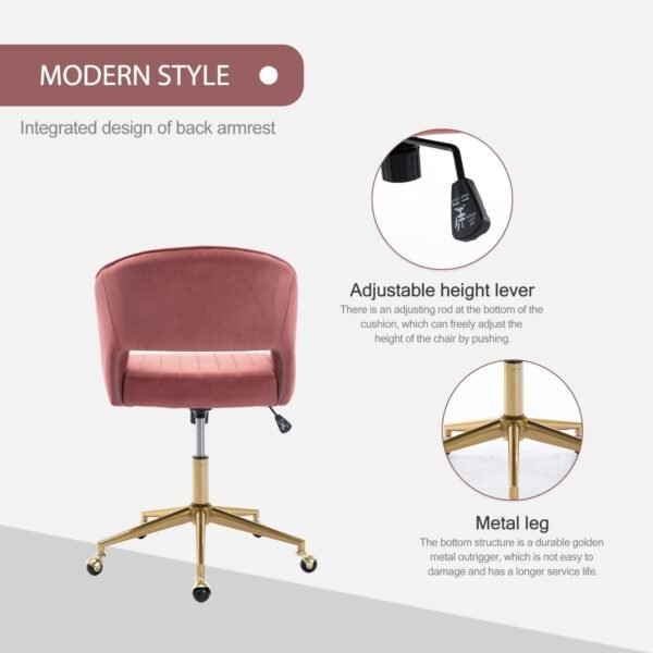 Velvet Office Desk Chair, Upholstered Home Office Desk Chairs with Adjustable Swivel Wheels, Ergonomic Office Chair for Living Room, Bedroom, Office, Vanity Study (Rose) - Image 5