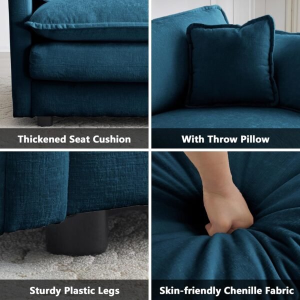 Luxury 3 Piece Sofa Set, 2 Pieces of Single Sofa and 1 Piece of 3 Seater Sofa, Modern Chenille Comfy Cloud Couches Set with 7 Pillows for Living Room Office, Blue - Image 5