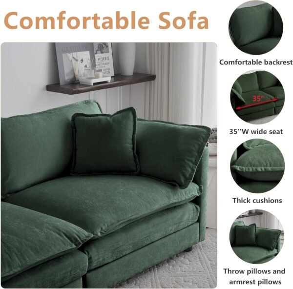 Luxury 3 Piece Sofa Set, 2 Pieces of Single Sofa and 1 Piece of 3 Seater Sofa, Modern Chenille Comfy Cloud Couches Set with 7 Pillows for Living Room Office, Evergreen - Image 3