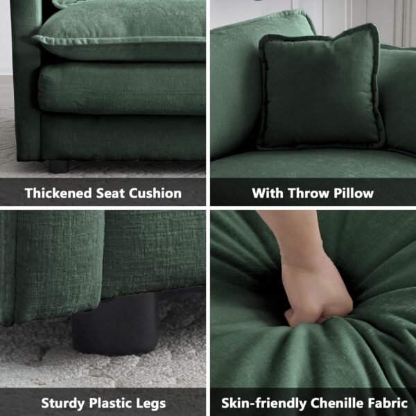Luxury 3 Piece Sofa Set, 2 Pieces of Single Sofa and 1 Piece of 3 Seater Sofa, Modern Chenille Comfy Cloud Couches Set with 7 Pillows for Living Room Office, Evergreen - Image 5