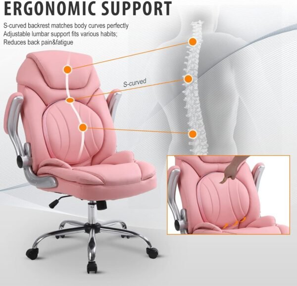 Ergonomic Executive Office Chairs with Adjustable Lumbar Support, 90-120° Rocking Managerial Chair Swivel Desk Chairs with Padded Flip-Up Armrests (Pink), Medium(300Lbs) - Image 3