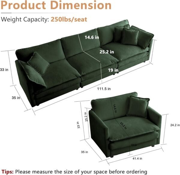 Luxury 3 Piece Sofa Set, 2 Pieces of Single Sofa and 1 Piece of 3 Seater Sofa, Modern Chenille Comfy Cloud Couches Set with 7 Pillows for Living Room Office, Evergreen - Image 2