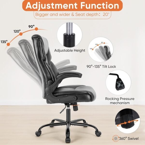Computer Gaming Chair, Ergonomic Office Chair Heavy Duty Task Desk Chair with Flip-Up Arms, PU Leather, Adjustable Swivel Rolling Chair with Wheels, Black - Image 4