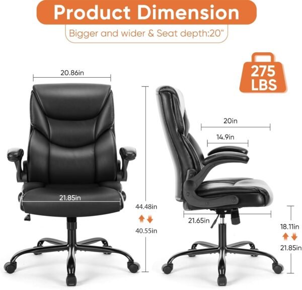 Computer Gaming Chair, Ergonomic Office Chair Heavy Duty Task Desk Chair with Flip-Up Arms, PU Leather, Adjustable Swivel Rolling Chair with Wheels, Black - Image 3