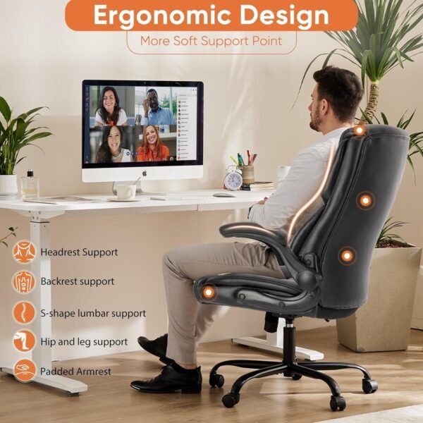 Computer Gaming Chair, Ergonomic Office Chair Heavy Duty Task Desk Chair with Flip-Up Arms, PU Leather, Adjustable Swivel Rolling Chair with Wheels, Black - Image 5