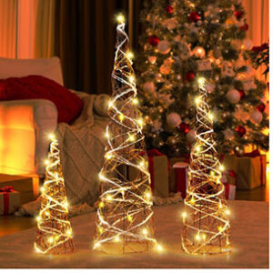 Set of 3 Lighted Rattan Cone Trees with LED Lights