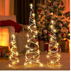 Set of 3 Lighted Rattan Cone Trees with LED Lights