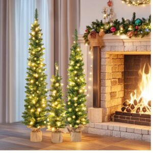 Set of 3 Pre-Lit Artificial Christmas Trees with 415 Green Branch Tips - Color: Green - Size: 3/4/5 ft