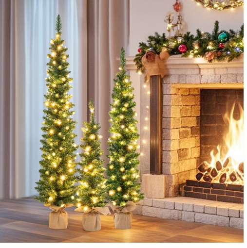 Set of 3 Pre-Lit Artificial Christmas Trees with 415 Green Branch Tips - Color: Green - Size: 3/4/5 ft