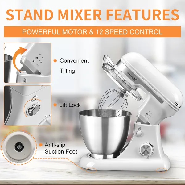 Geek Chef 4.8QT Electric Stand Mixer, 12 Speeds Tilt-head With Dough Hook, Whisk, Beater, Bowl, Rotary Knob, Home Kitchen Use, White - Image 5