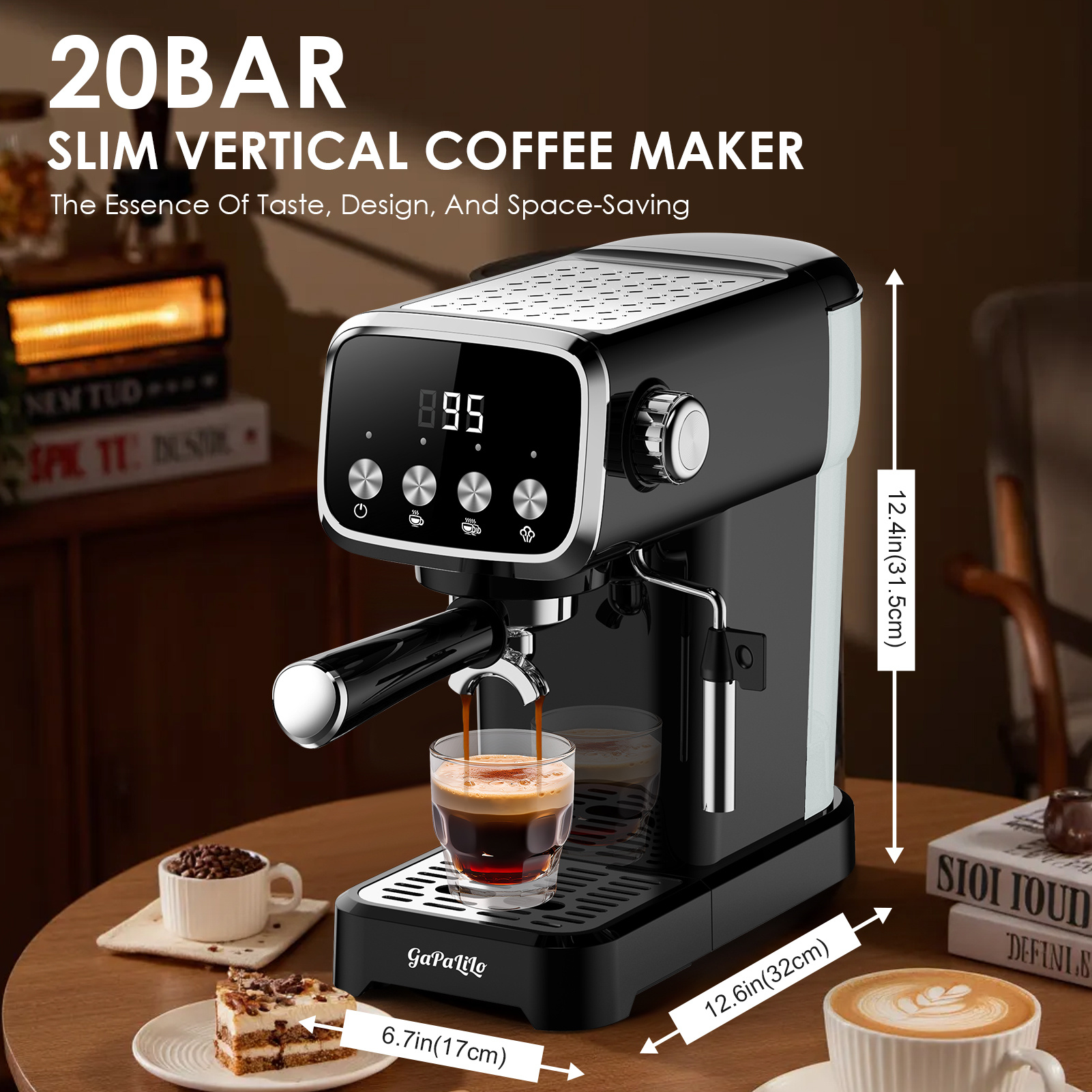 20 BAR Slim Espresso Machine With Milk Frother, Cup Warmer, 43 OZ Detachable Tank, For Espresso, Americano, Latte, Space-Saving, Screen Button, Black - Image 6