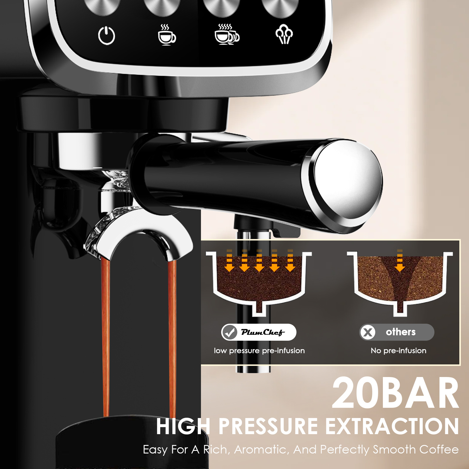 20 BAR Slim Espresso Machine With Milk Frother, Cup Warmer, 43 OZ Detachable Tank, For Espresso, Americano, Latte, Space-Saving, Screen Button, Black - Image 2