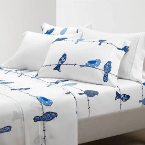 Queen-size-Blue-White-Floral-Birds-on-Wire